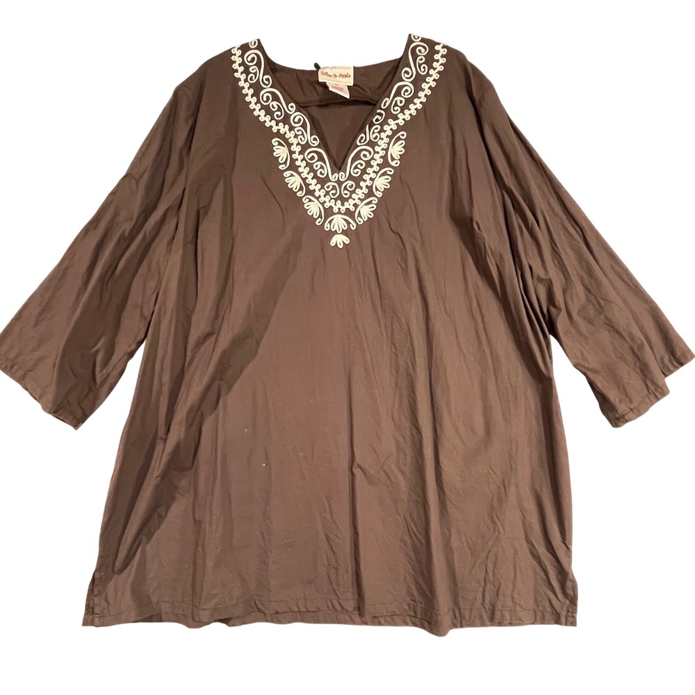 Toffee‎ Apple Womens Tunic Top Brown Embroidered V Neck Cotton XXL Plus Size